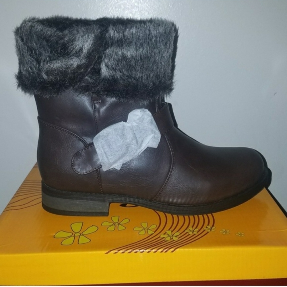 Brown Faux Fur Trim Ankle Boots